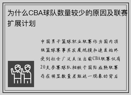 为什么CBA球队数量较少的原因及联赛扩展计划