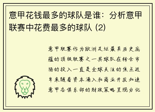 意甲花钱最多的球队是谁：分析意甲联赛中花费最多的球队 (2)