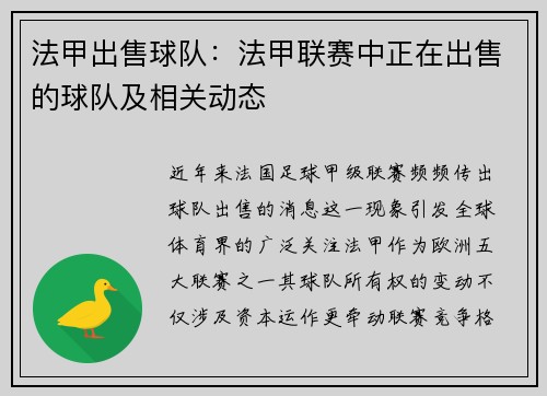 法甲出售球队：法甲联赛中正在出售的球队及相关动态
